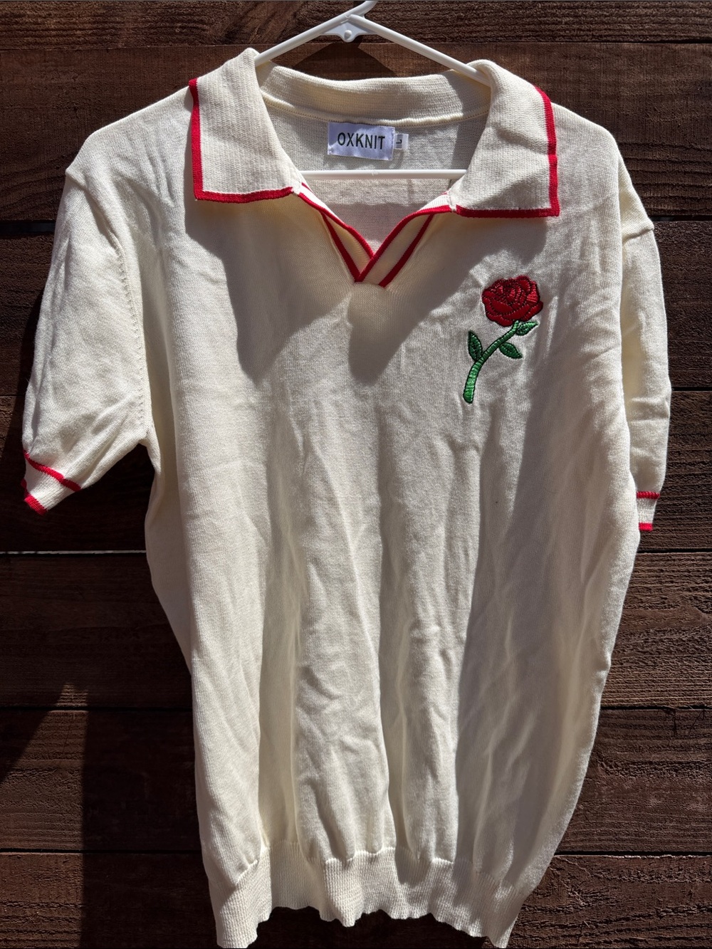 OXKNIT Cream Polo Shirt with Red Rose Embroidery